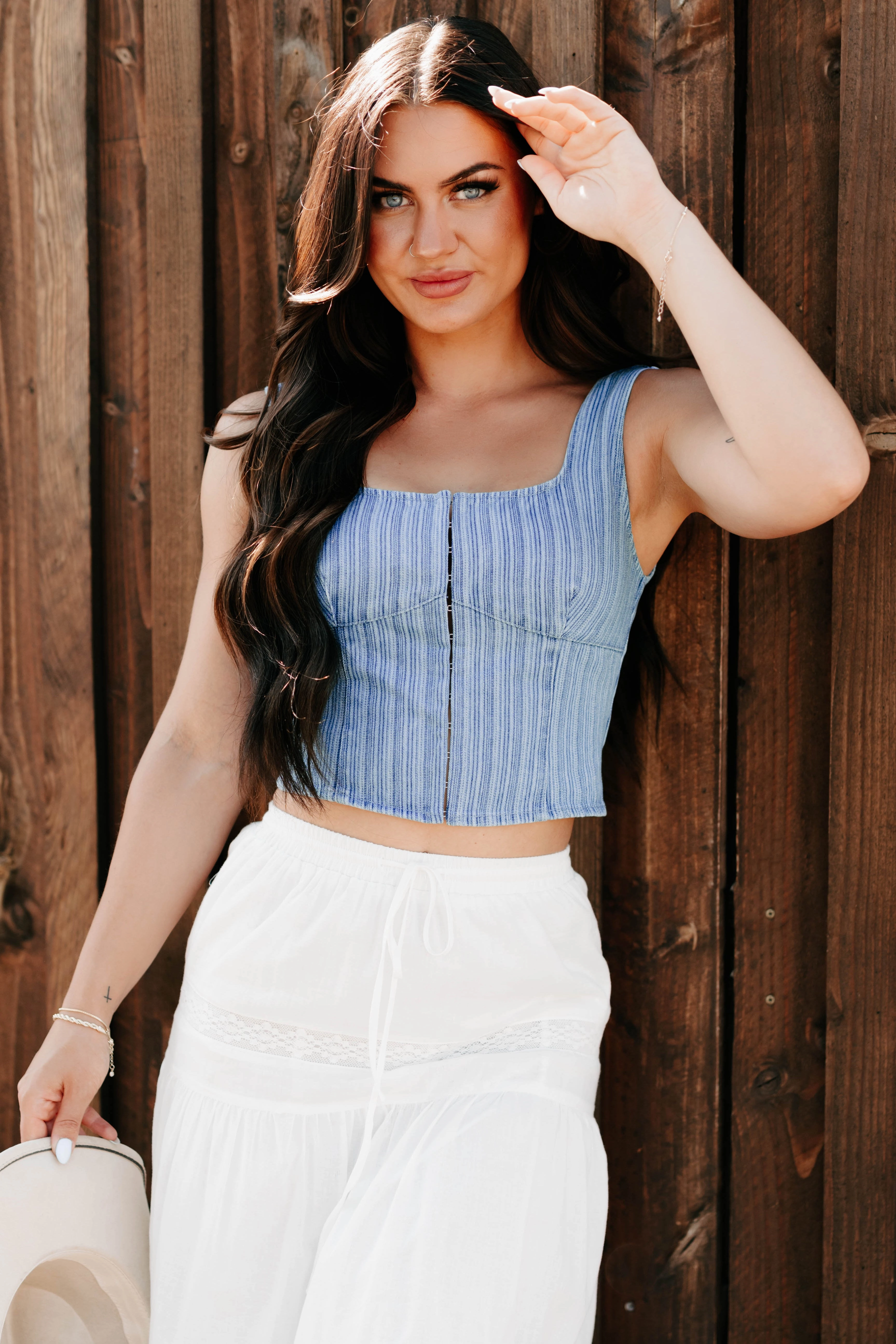 Just Killing Time Striped Denim Corset Top (Denim) Stylish T-shirt All Season Wear Fabric