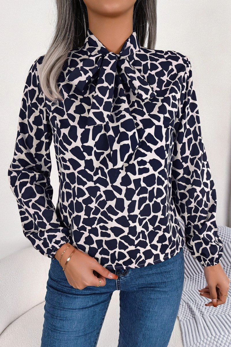 Vintage Shirt Cozy Sweatshirt WOMEN LEOAPRD PATTERN TIED NECK OFFICE BLOUSE