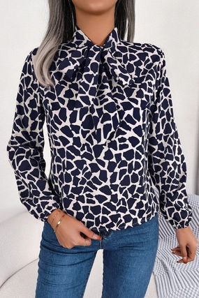 preshrunk Soft Brushed Lining WOMEN LEOAPRD PATTERN TIED NECK OFFICE BLOUSE