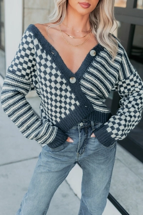 Tucked Away Checkered Stripe Knit Cardigan (Navy/Cream) StretchMaterial OdorResistant Technology