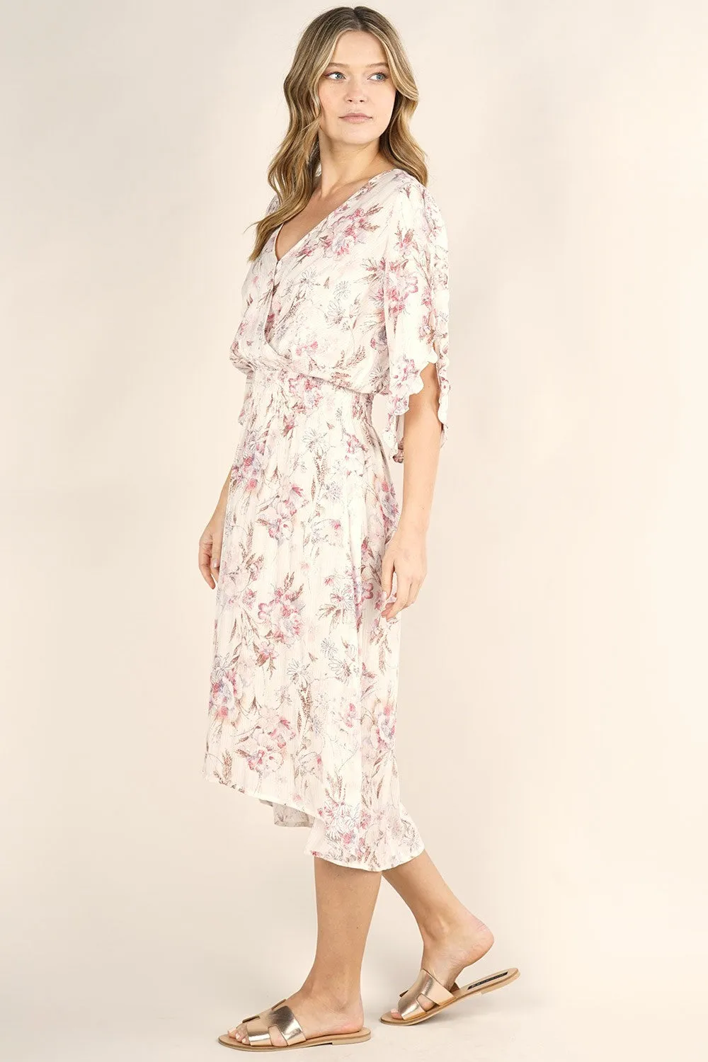 Tulip Sleeve Floral Midi  Dress