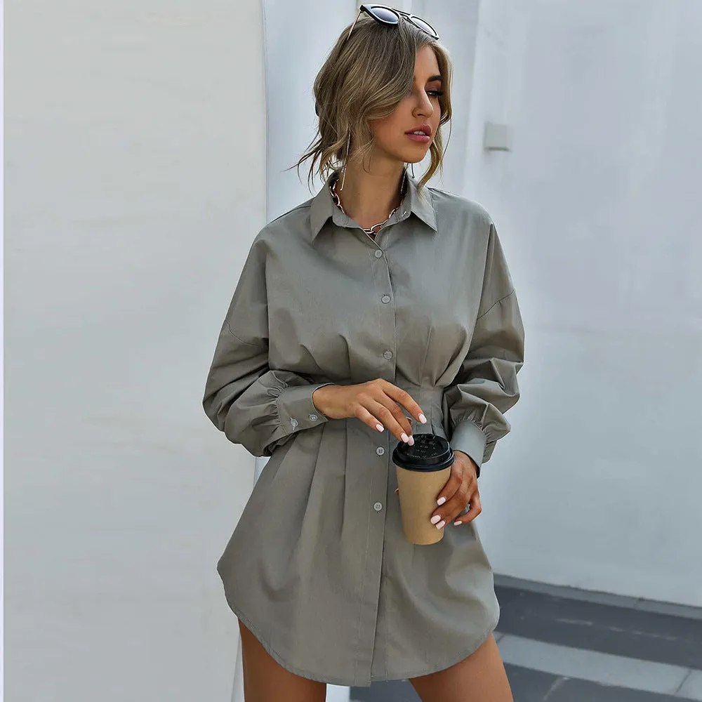 Turn-Down Collar Long Sleeve Button Down Shirt Mini Dress