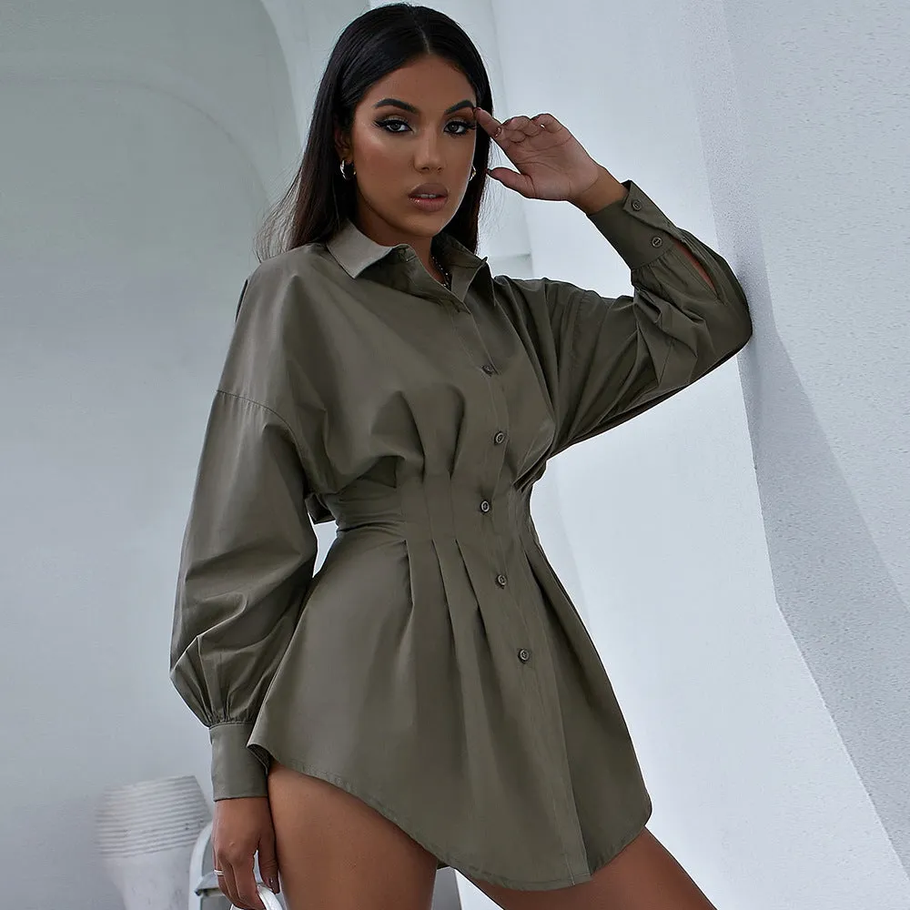Turn-Down Collar Long Sleeve Button Down Shirt Mini Dress