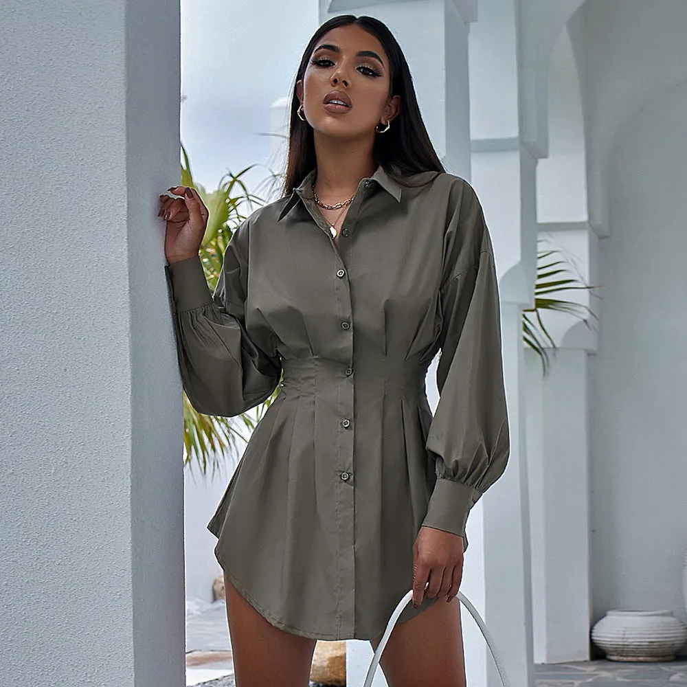 Turn-Down Collar Long Sleeve Button Down Shirt Mini Dress