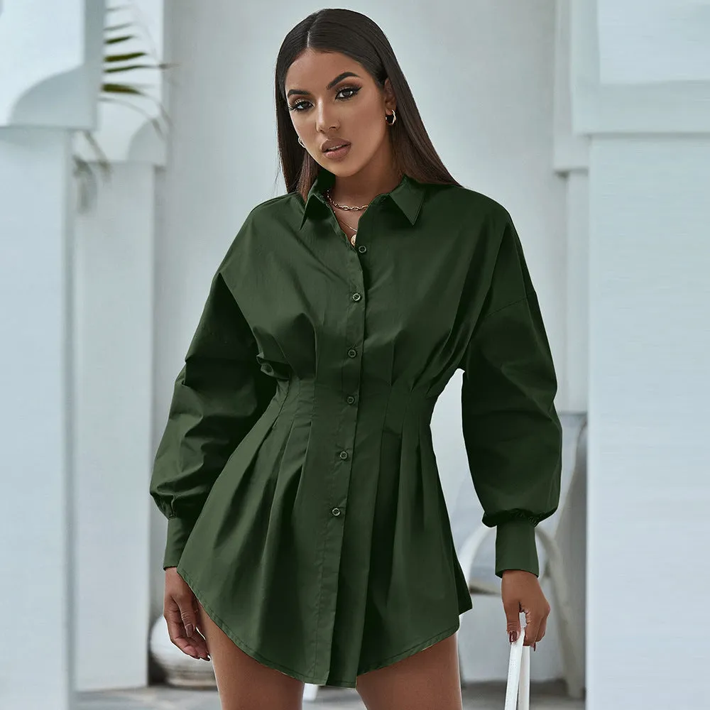 Turn-Down Collar Long Sleeve Button Down Shirt Mini Dress