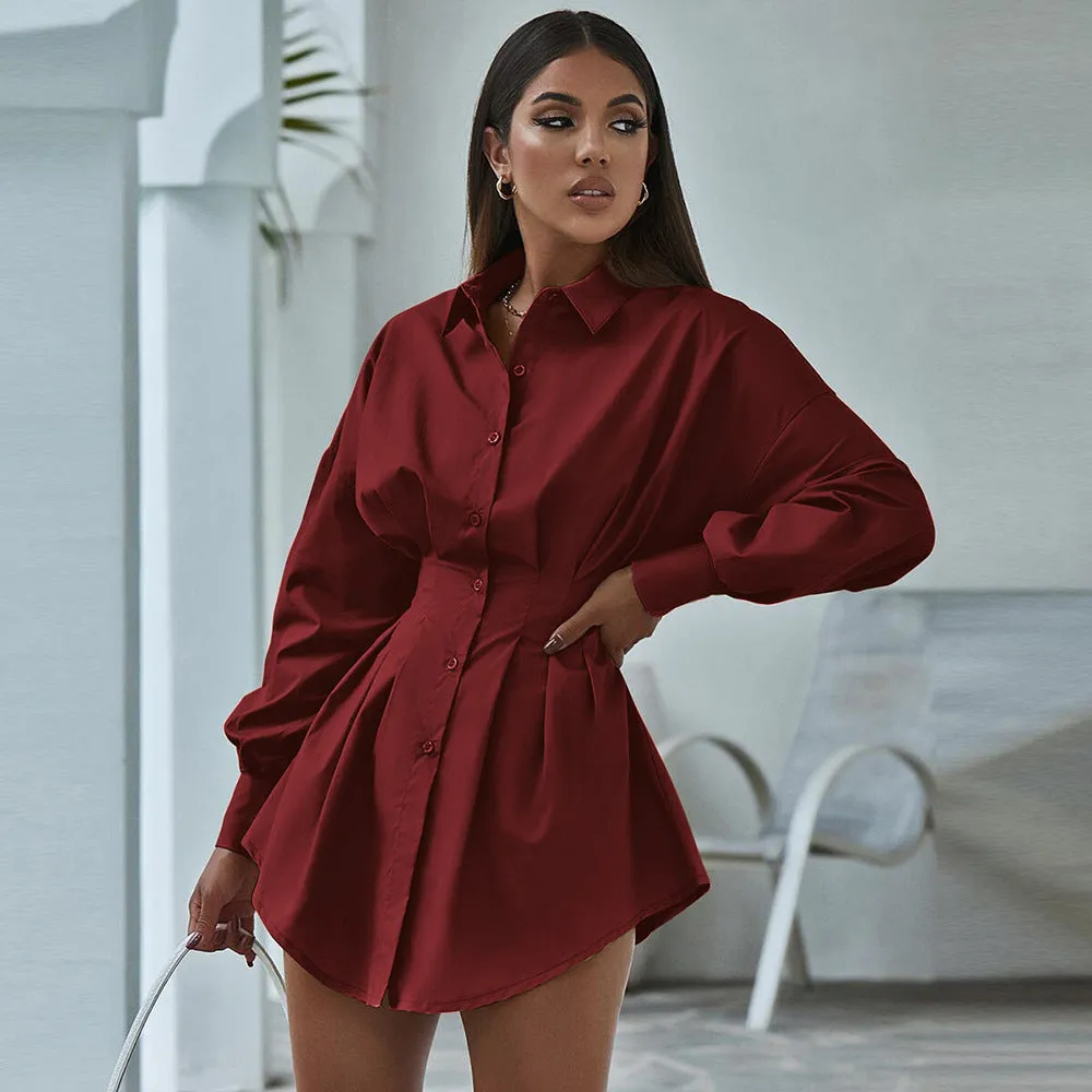 Turn-Down Collar Long Sleeve Button Down Shirt Mini Dress