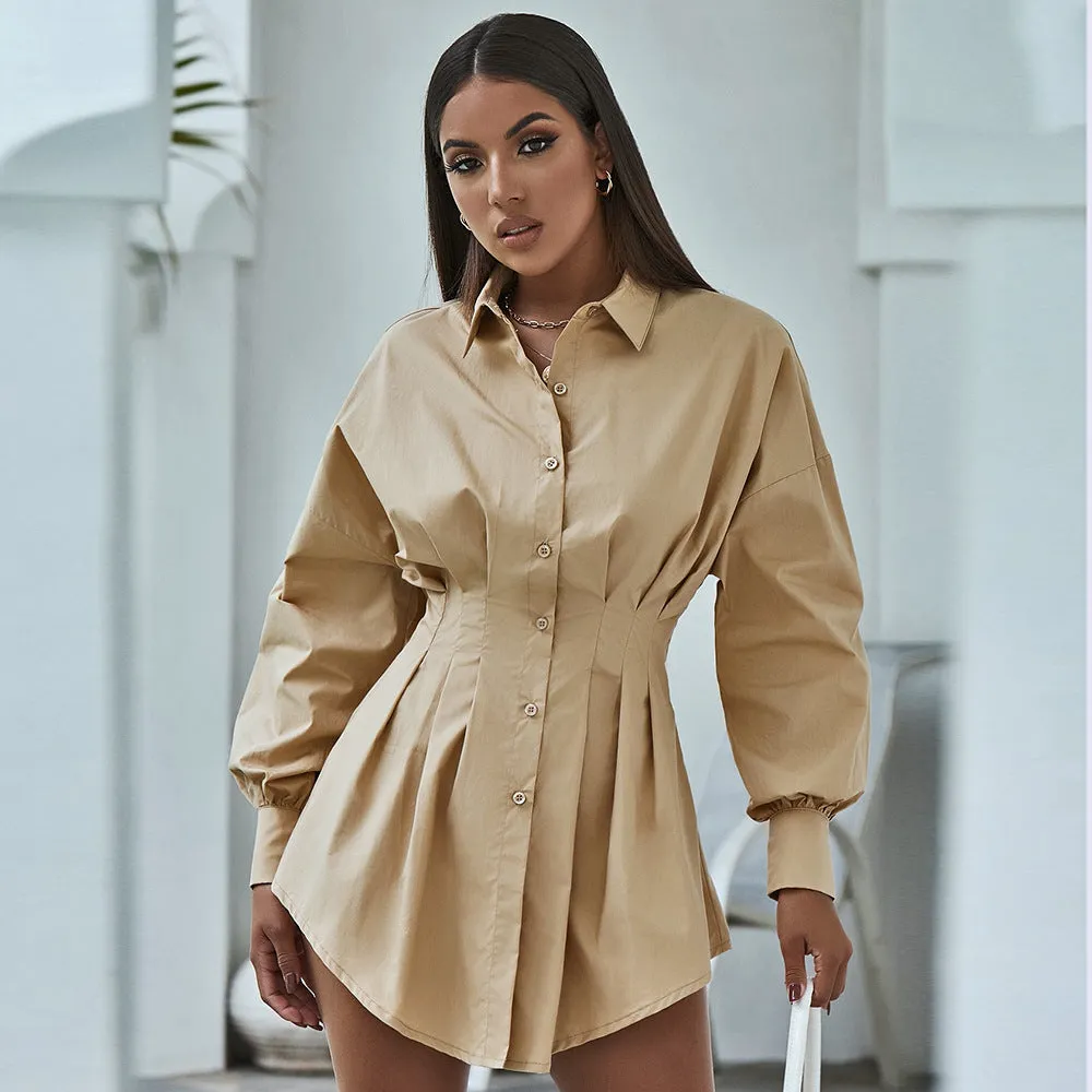 Turn-Down Collar Long Sleeve Button Down Shirt Mini Dress