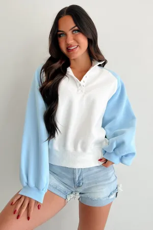 Turning The Page Snap-Button Pullover Sweatshirt (Sky Blue/White) Bound Edges