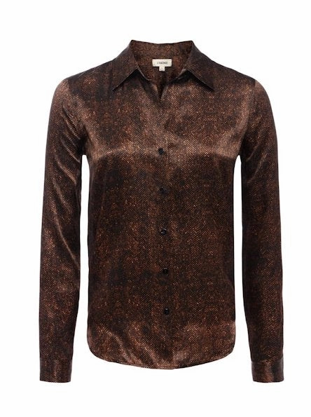 Tyler Silk Blouse Brown Herringbone Print Stretchable Material