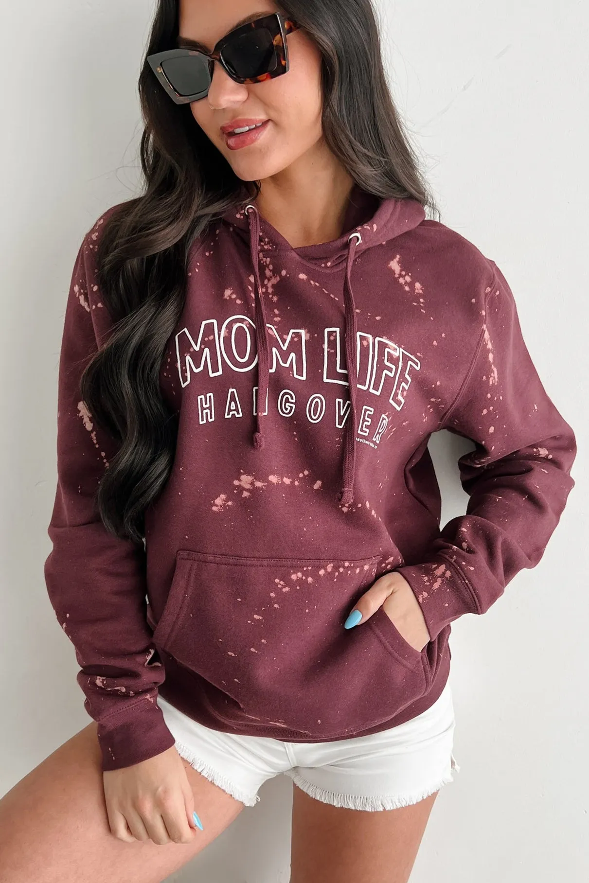 UV Protective Layer "MOM LIFE HANGOVER' Bleached Graphic Hoodie (Maroon)