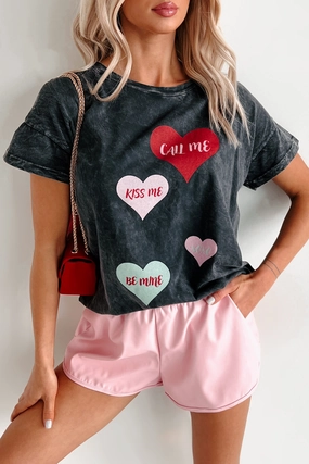 Heartfelt Words Mineral Wash Graphic Tee (Charcoal) Ribbed Collar Style