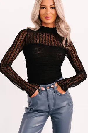 ButtonDownCollar ComfortStretch Laced In Fame Floral Mock Neck Lace Bodysuit (Black)