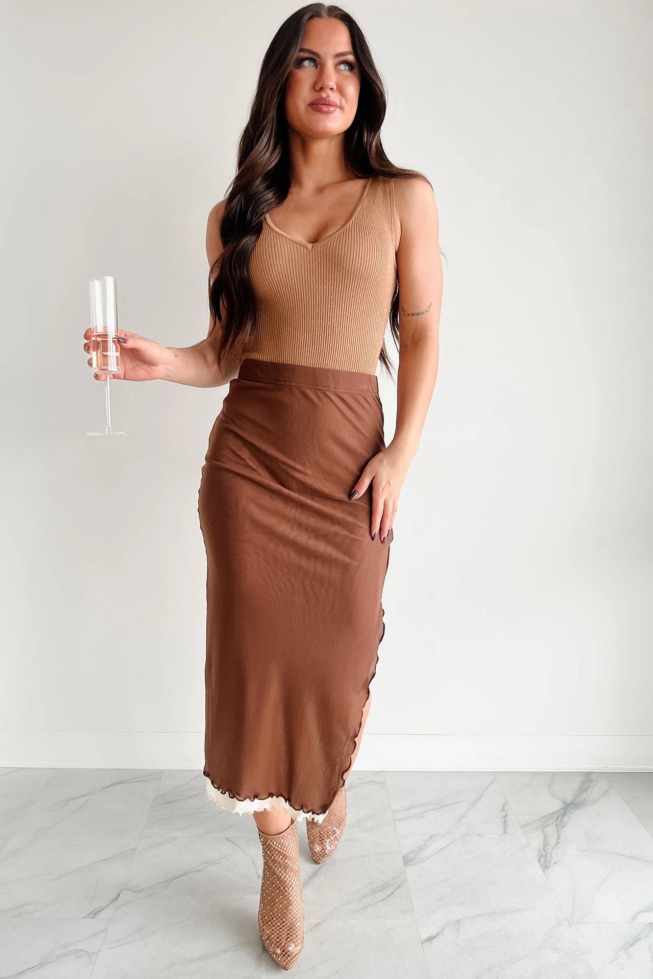 Style Layering Don't Take It Personally Layered Mesh Midi Skirt (Brown)