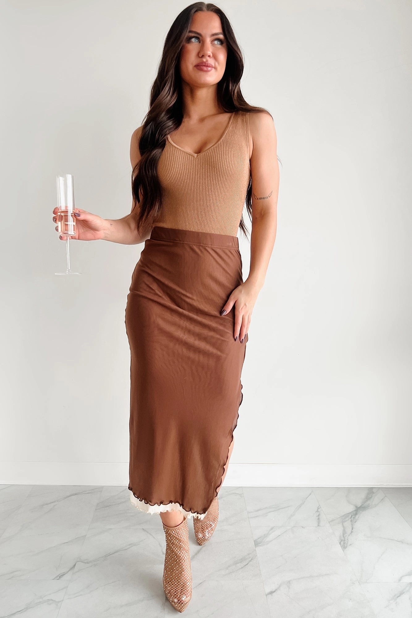 Don't Take It Personally Layered Mesh Midi Skirt (Brown) raw hem