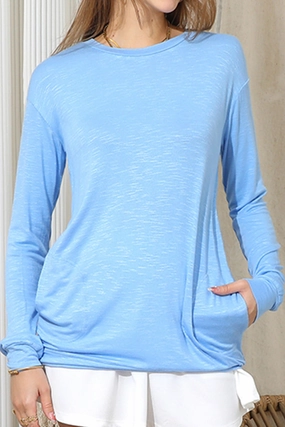 LONG SLEEVE ROUND NECK BASIC TUNIC TOP WITH POCKET Double Layered Hood Assembly Ultra Soft Texture