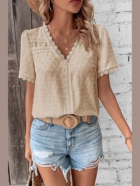WOMEN SWISS DOT LACE TRIM NECK SHORT T SHIRT DualLayer Weave