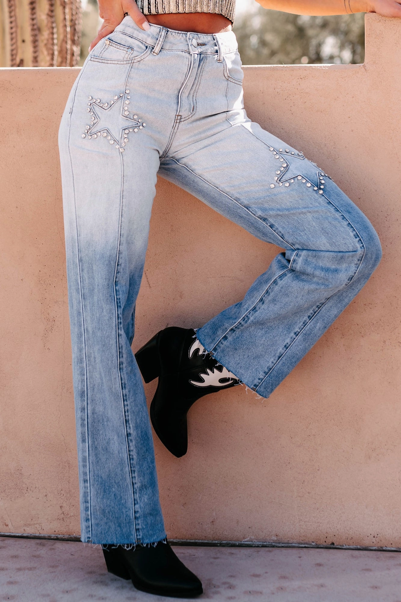 DOORBUSTER Evianna Mid-Rise Rhinestone Star Straight Leg Jeans (Light Wash) Rest Easy Easy Stretch