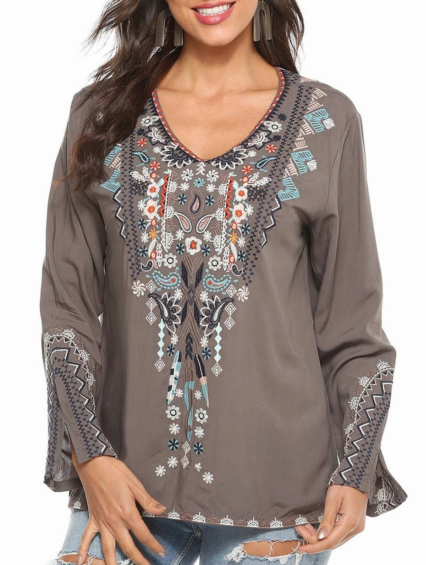 Two Tone Texture Effect Moisture Control Technology COTTON PLUS-SIZE STYLE EMBROIDERED BLOUSE_CWTBLL0822