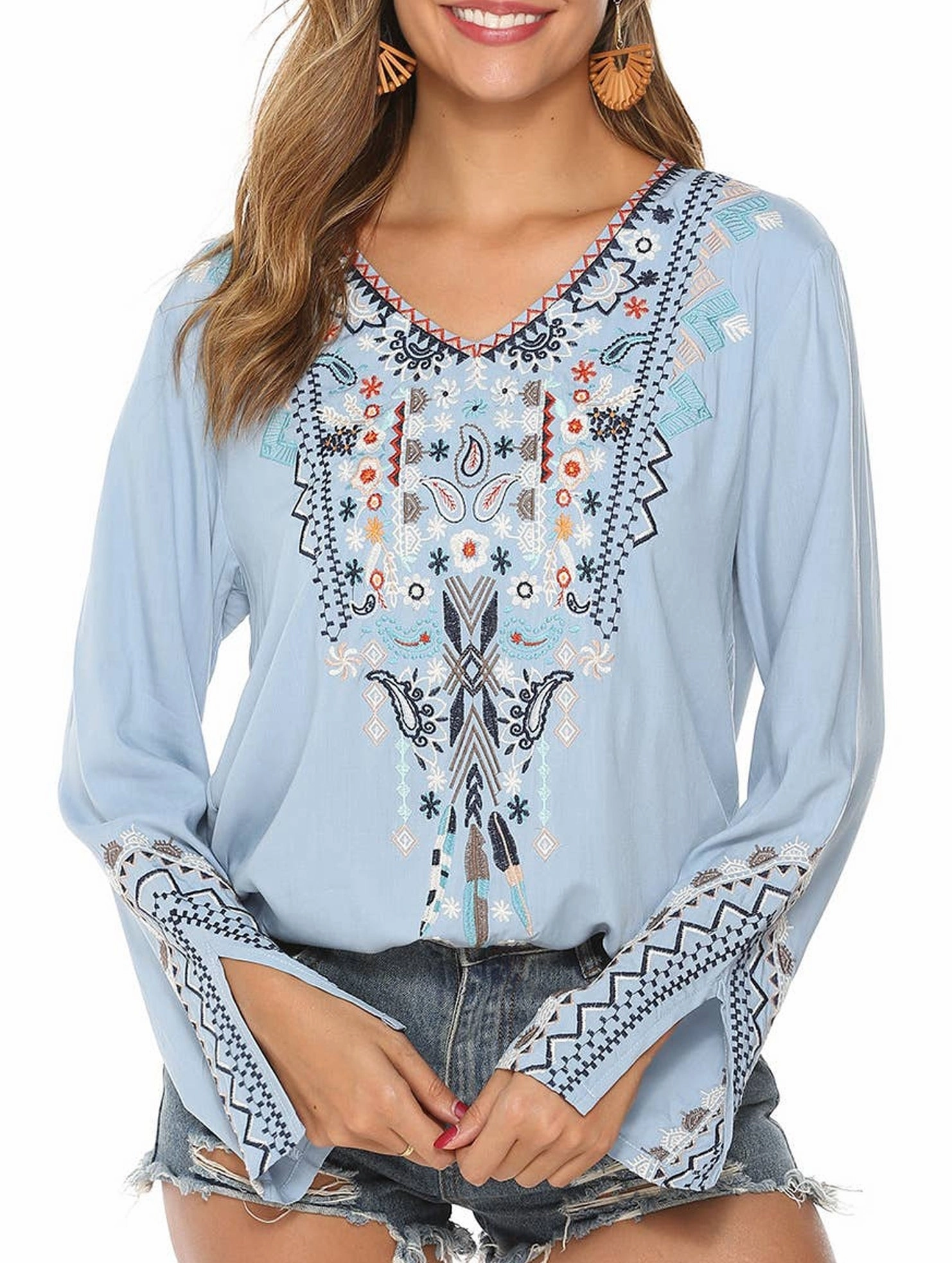 COTTON PLUS-SIZE STYLE EMBROIDERED BLOUSE_CWTBLL0822 AntiSnagYarnProcessing Long Sleeve Tee