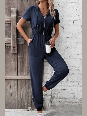 WOMEN HALF ZIP UP HOODED ELASTIC WAIST JUMPSUIT Simple Dress