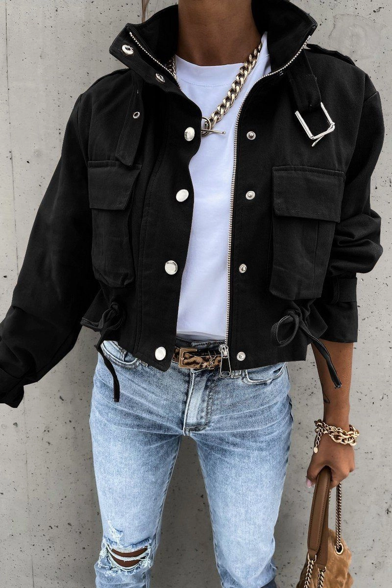 WOMEN OVERSIZED POCKET MOTORCYCLE JACKET SHORT TOP100% POLYESTERSIZE S(2)-M(2)-L(2)-XL(2)MADE IN CHINA Tagless Labeling
