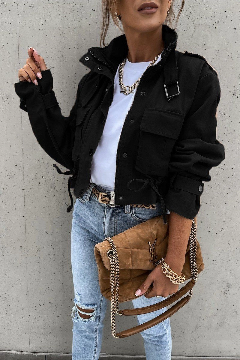 Simple Shirt WOMEN OVERSIZED POCKET MOTORCYCLE JACKET SHORT TOP100% POLYESTERSIZE S(2)-M(2)-L(2)-XL(2)MADE IN CHINA
