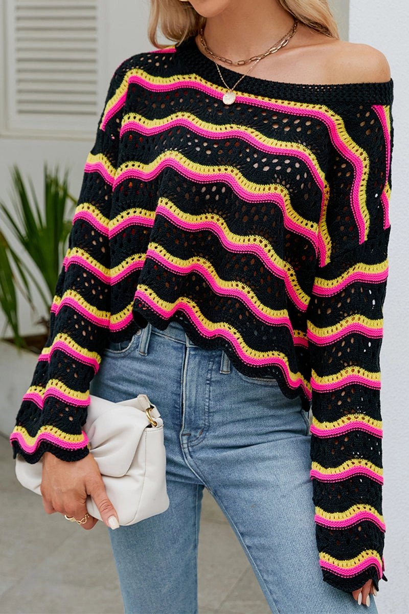 Antibacterial RawHemDetail LOOSE FIT RIBBED CREWNECK WAVE PATTERN SWEATER