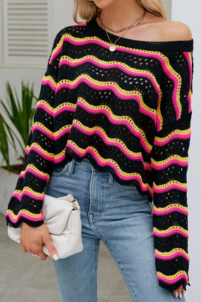Antibacterial RawHemDetail LOOSE FIT RIBBED CREWNECK WAVE PATTERN SWEATER