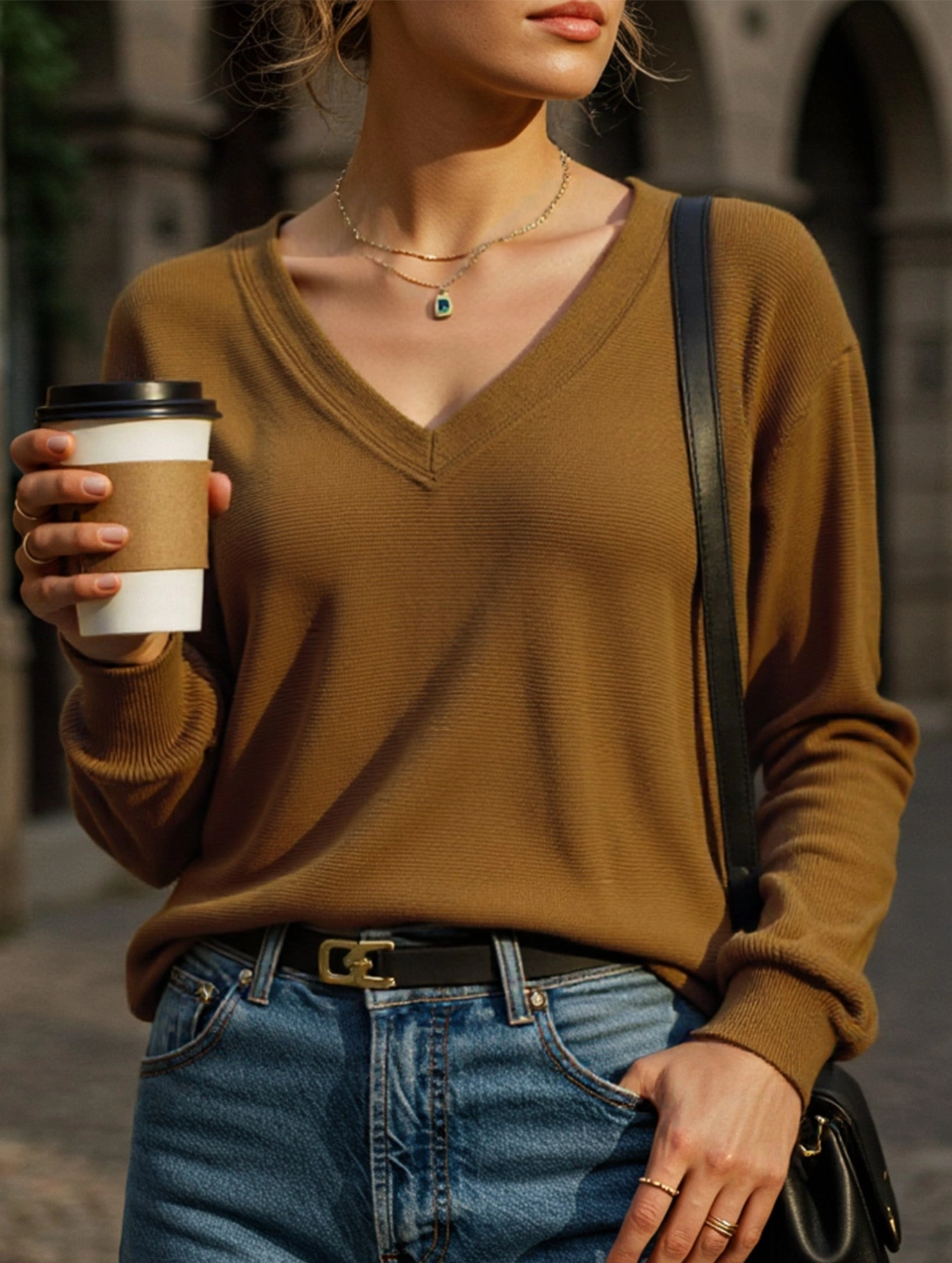 NonChafe Tag Placement WrinkleResistant Fabric Casual Waffle V-Neck Solid Color Long-Sleeve T-Shirt
