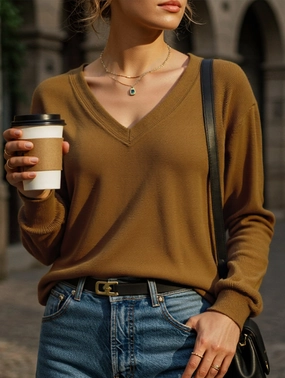 Casual Waffle V-Neck Solid Color Long-Sleeve T-Shirt StretchMaterial
