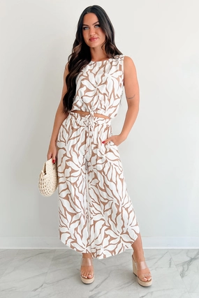 Premium Stretch Under the Boardwalk Curve Hem Tropical Print Pants (Taupe/Ivory)