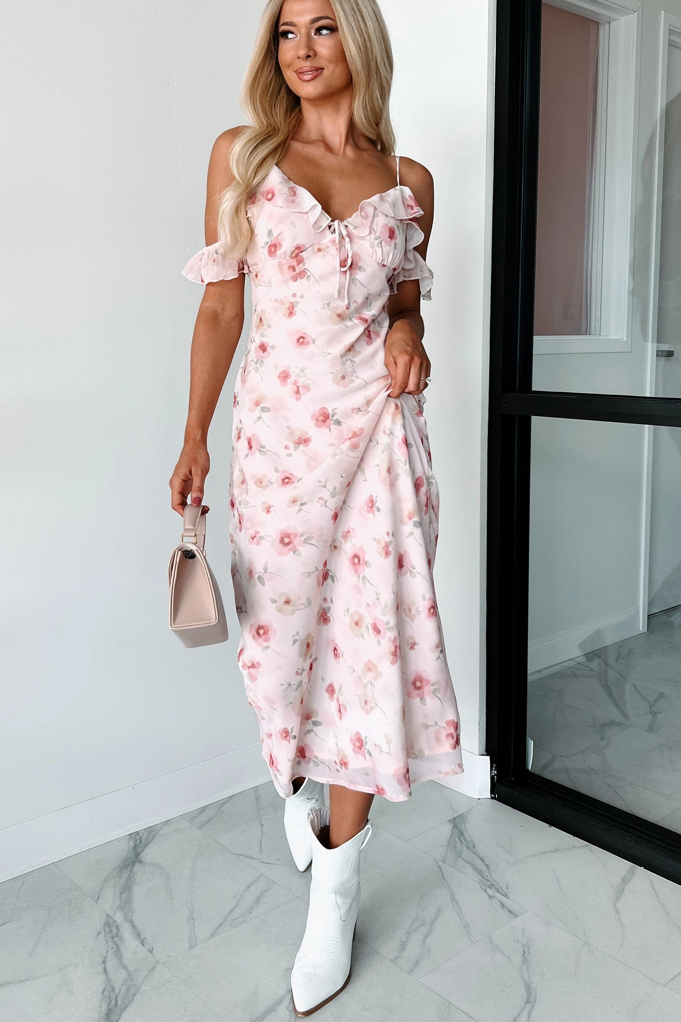 Undoubtedly Charming Floral Maxi Dress (Pink) Delicate Lines Dressy Yet Comfortable