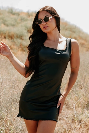 High Waist Modest Cut Fits Like Fame Faux Leather Mini Dress (Black)