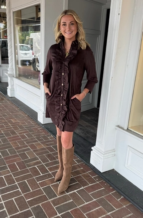 Gretchen Scott Ruffle Rumble Dress in Brown Silk-Blend