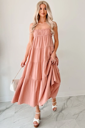 Cozy Vibe Twilight Glow Sleeveless Tiered Maxi Dress (Clay)