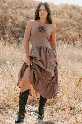 Charming The Night Halter Maxi Dress (Chocolate) Polished Cut Cozy Wear