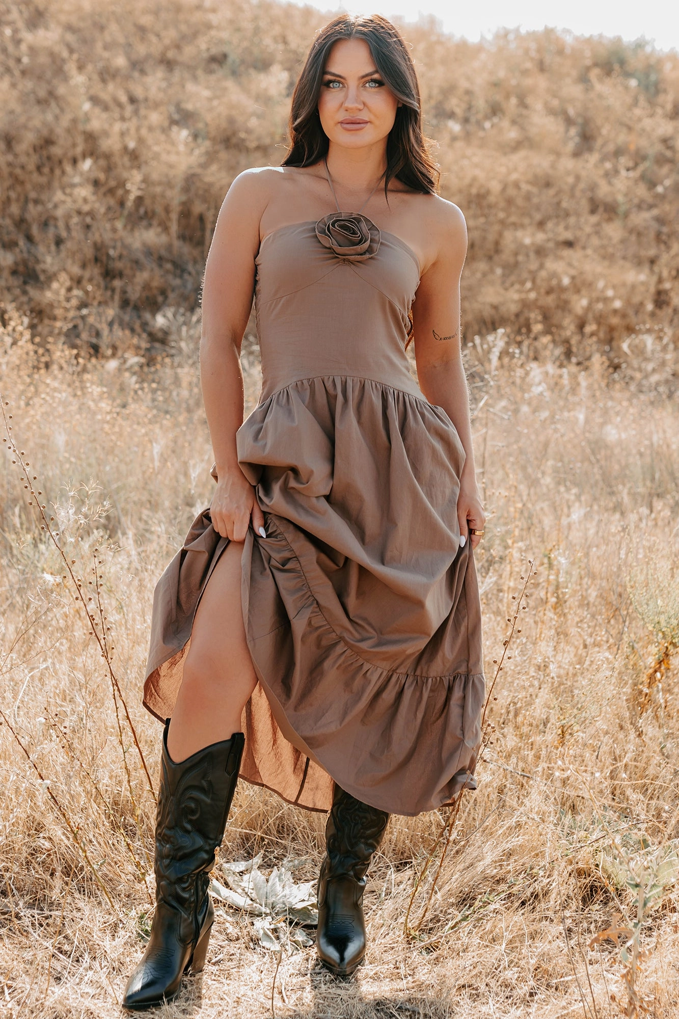 Charming The Night Halter Maxi Dress (Chocolate) Polished Cut Cozy Wear