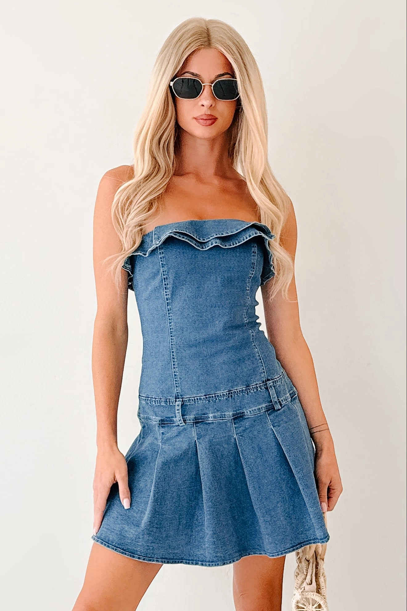 Work It Out Strapless Pleated Ruffle Mini Dress (Denim) Airy Fit