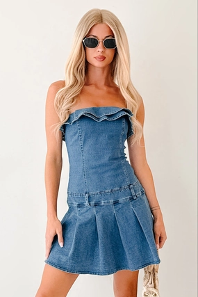 Work It Out Strapless Pleated Ruffle Mini Dress (Denim) BreathableFabric