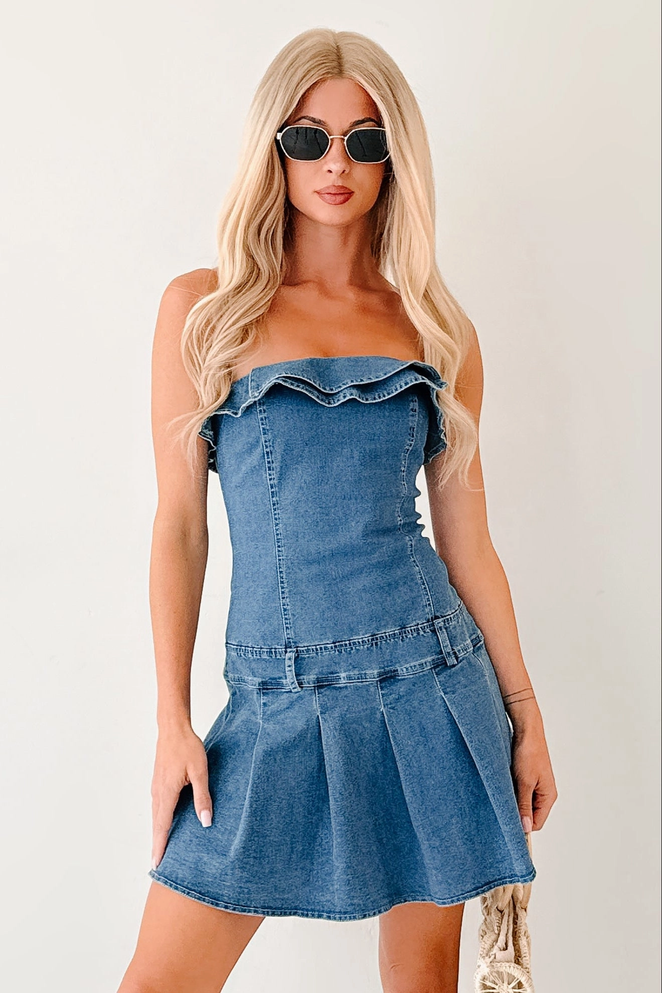 Joyful Look Work It Out Strapless Pleated Ruffle Mini Dress (Denim)
