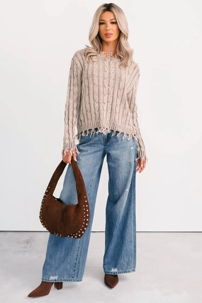 LongSleeve Unwritten Future Cable Knit Fringe Zenana Sweater (Mocha)