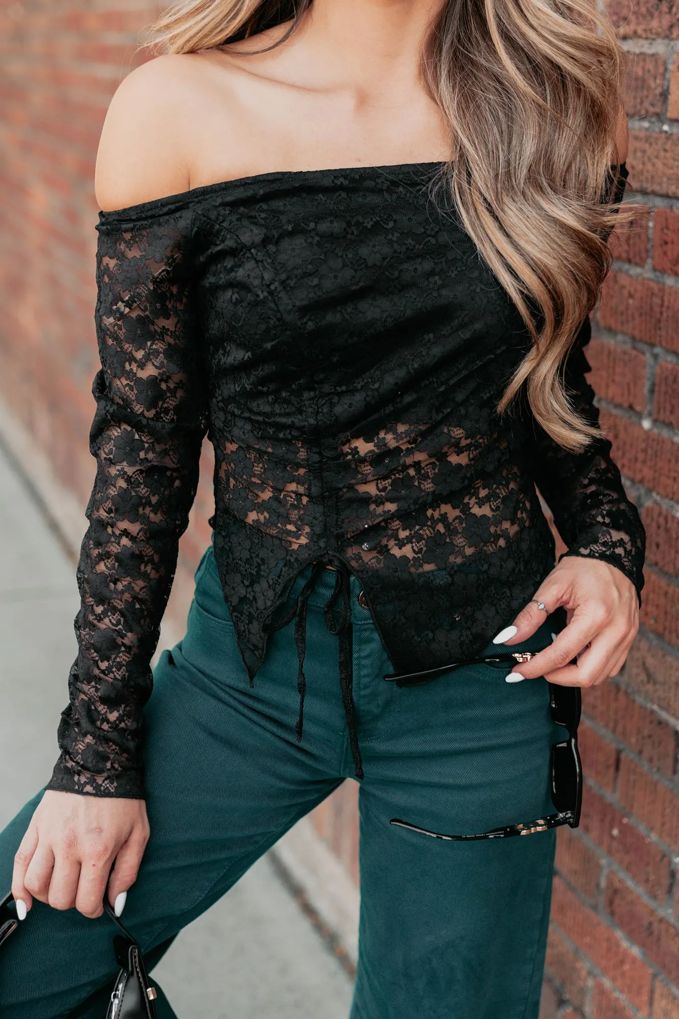 Up To Standard Ruched Lace Asymmetric Top (Black) MoistureWickingTechnology RelaxedNeckline