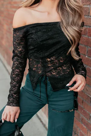 Up To Standard Ruched Lace Asymmetric Top (Black) Layered Shoulder