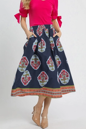Crossback Strap Seamless construction Boho Floral Midi Skirt in Midnight