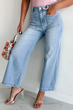 Makari High Rise Crop Sneak Peek Wide Leg Jeans (Medium Light) Anti Sagging Technology Stylish Sunny Vibes