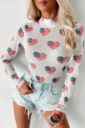 High Collar Option USA All The Way Americana Glitter Mesh Bodysuit (Red/White)