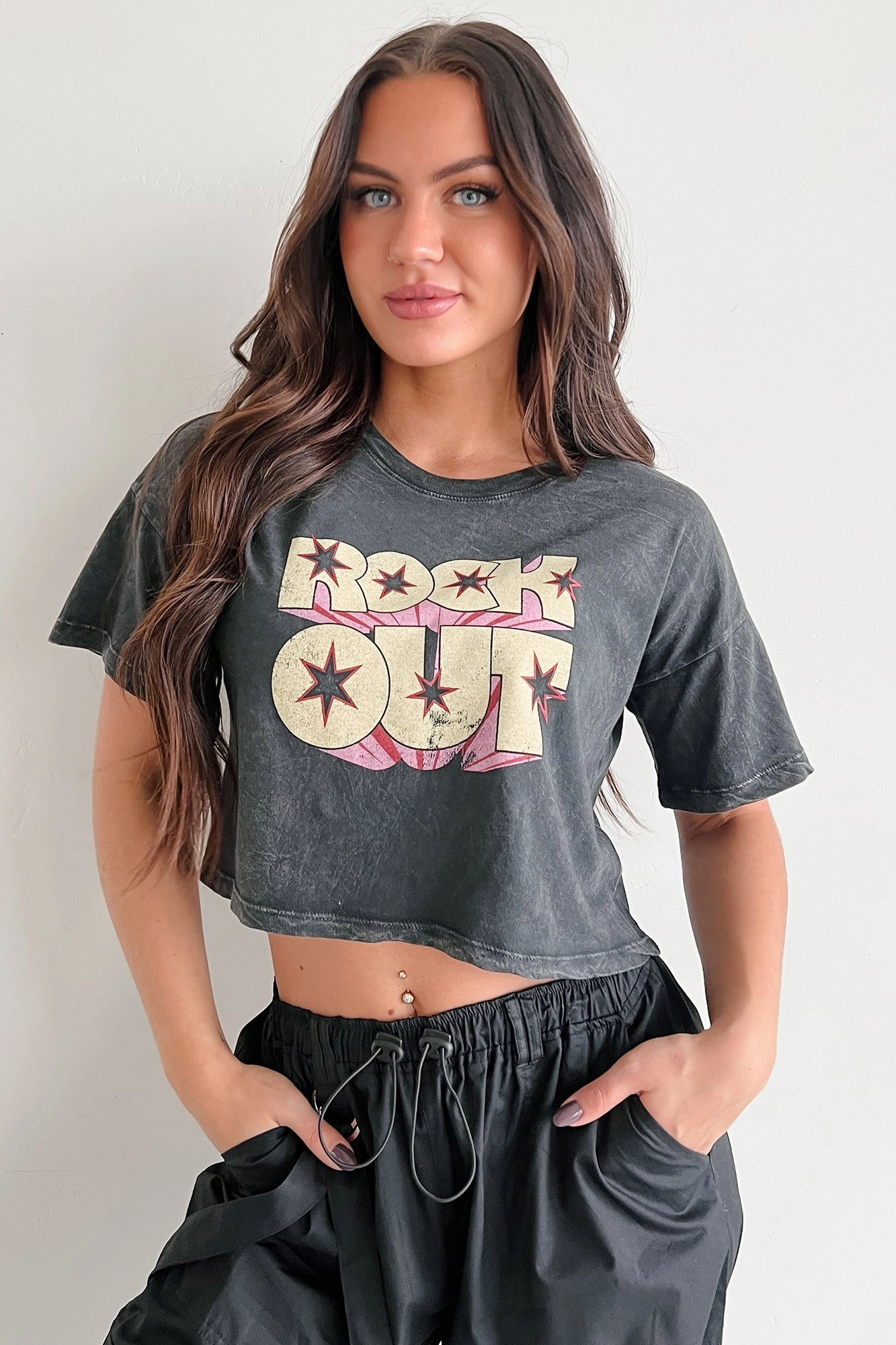 "Rock Out" Graphic Crop Tee (Charcoal) WrinkleResistant Fabric