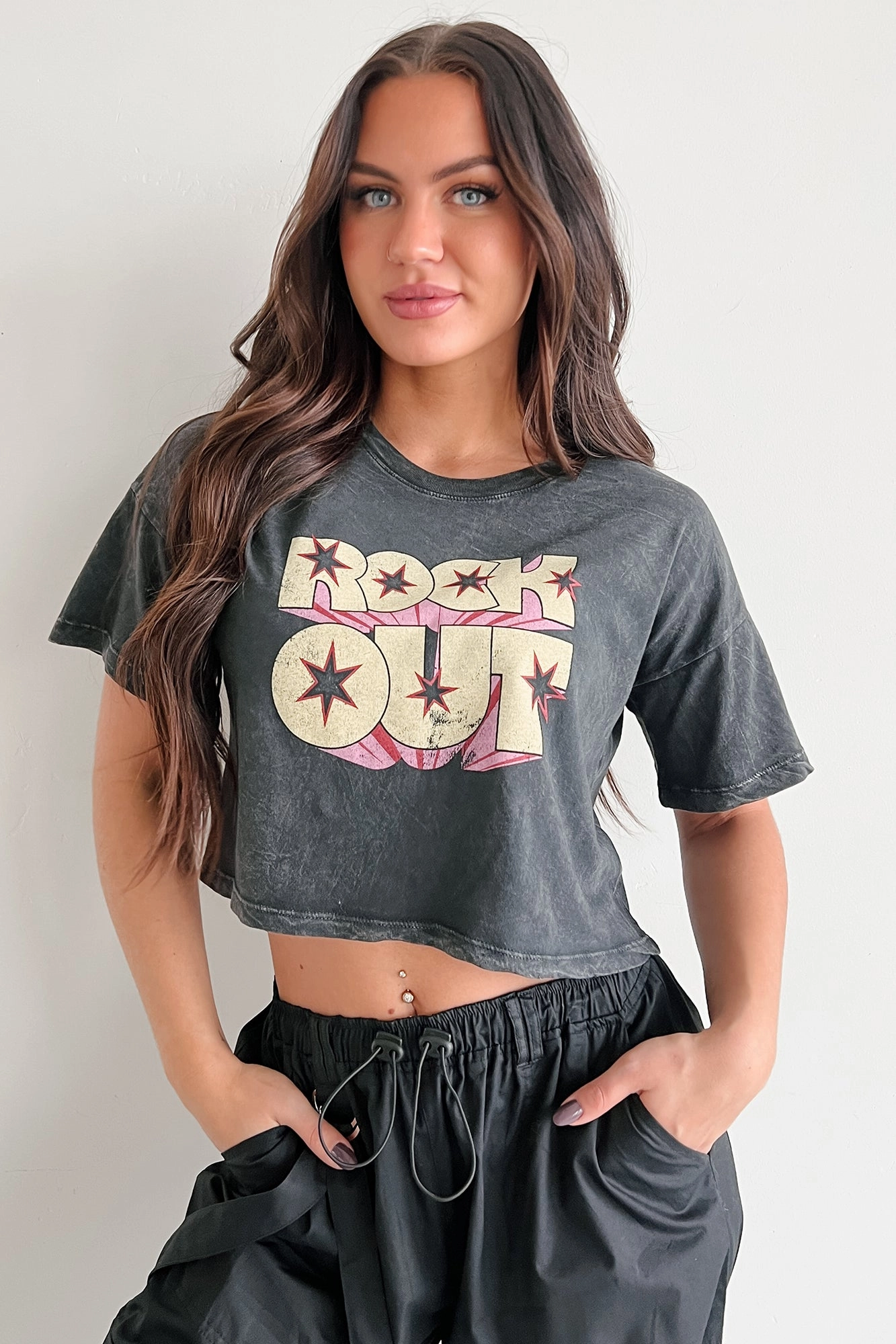 "Rock Out" Graphic Crop Tee (Charcoal) Airy Mesh Lining FrictionFreeNeckline