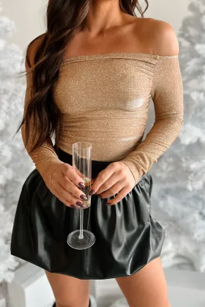 OdorResistantFinish Tagless Comfort Collar Radiant Stunner Off The Shoulder Sparkling Bodysuit (Gold)