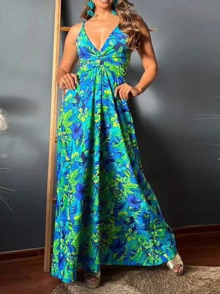 V-neck Boho Print Sleeveless Large Hem Maxi Dress HEDZRES2M8